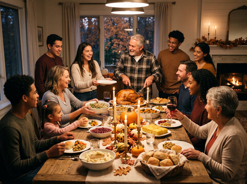 Multi-ethnic family celebrating Thanksgiving dinner together at home around a large dining table filled with traditional food and candles