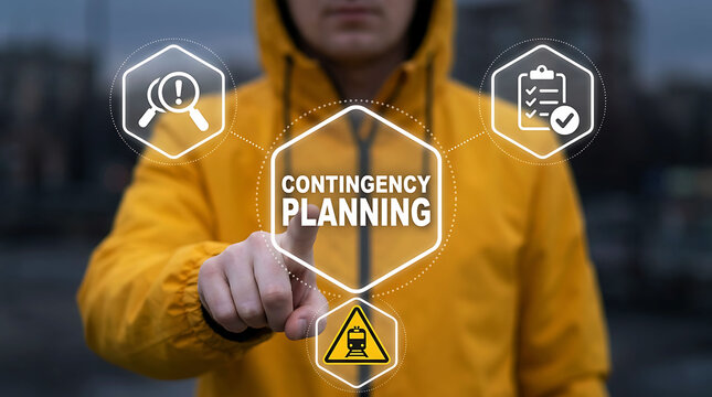 Man touching contingency planning interface for risk management and strategy