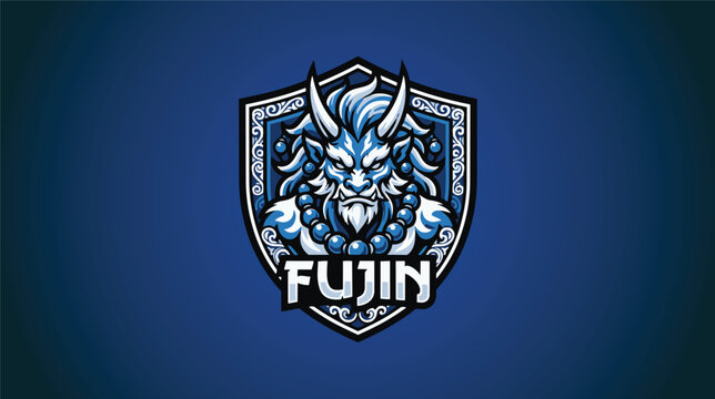 ESport Fujin mascot logo featuring blue demon character inside shield