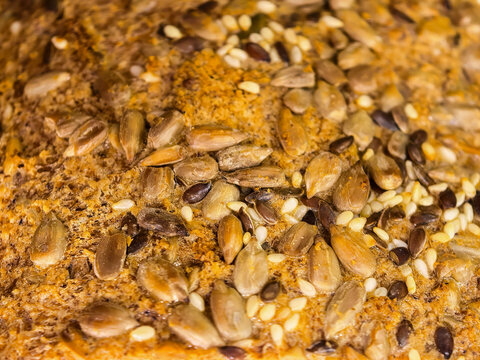 Macro View of Keto Bread Crust with Mixed Seeds