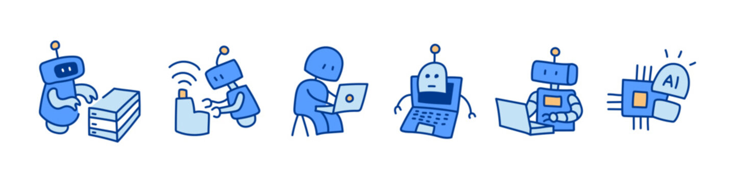 AI robot doodle set. It includes agentic ai, automation, technology, artificial intelligence, and assistance vector illustrations.