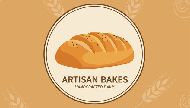 Vintage style bakery logo for Artisan Bakes Handcrafted Daily featuring a golden baked loaf of bread with sesame seeds.
