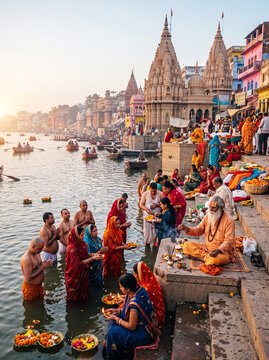 Hindu devotees performing evening Ganga Aarti ritual on the steps of ghats in Varanasi, India, with temples and boats on the river during sunrise