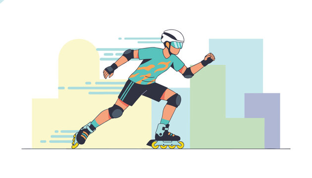 Speed roller skater wearing a helmet and safety pads racing past abstract modern city buildings in a minimalist vector style.