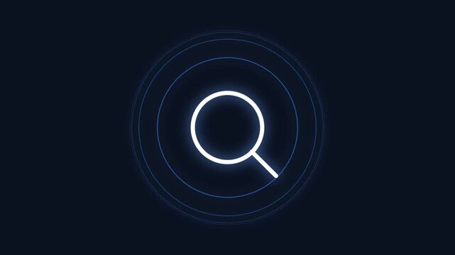 Glowing Magnifying Glass Icon with Animated Pulsing Blue Concentric Circles on a Dark Background