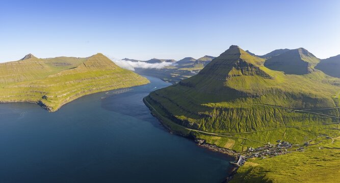 Panoramic view of Funningsfj&oslash;r&eth;ur near Funningur on Eysturoy island, fjord with steep mountains, Faroe Islands, Denmark