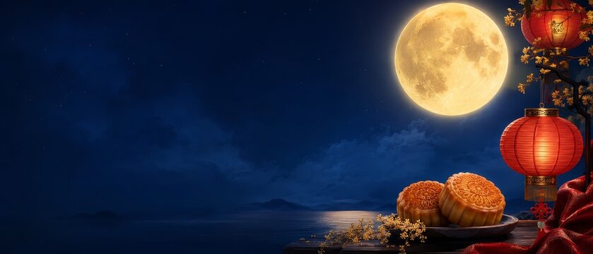 Celebrating the mid autumn festival with mooncakes under a bright full moon and vibrant chinese lanterns