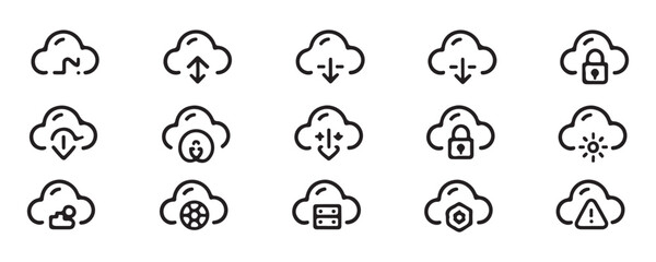 Obraz premium Cloud computing icons set. data transfer, security, server and settings symbol.