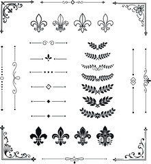 Vintage ornamental decoration kit with fleur de lis symbols laurel wreaths and corner borders © duygu
