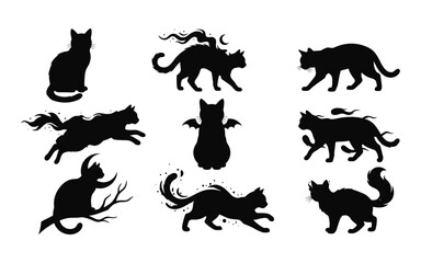 Obraz premium Collection of black cat silhouettes with halloween elements on a white background silhouette