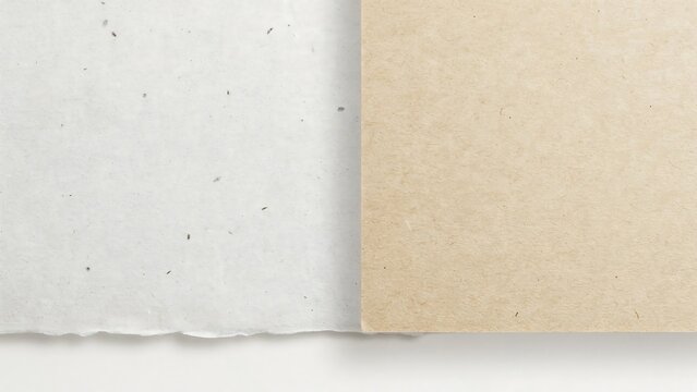 Split background with rough white handmade paper on the left and smooth brown cardboard on the right