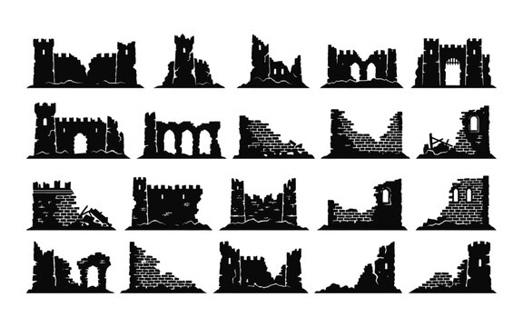 Collection of ruined castle silhouettes with varying designs and details black silhouette