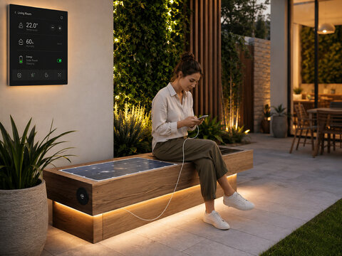 Woman charging smartphone on smart solar powered outdoor wooden bench