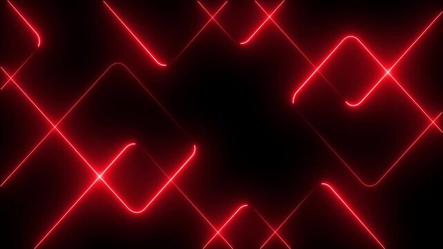 A vibrant abstract background featuring dynamic neon line patterns in shades of red . Neon red laser lines animation with black background.4K video.