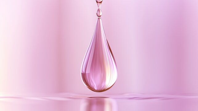 Large glossy translucent pink teardrop shaped liquid drop falling towards soft pink surface creates minimalist modern 3d beauty and cosmetic centered aesthetic design