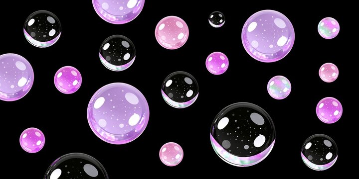Seamless pattern of glossy iridescent purple and pink soap bubbles of different sizes on solid black background creates cute decorative abstract design for digital projects