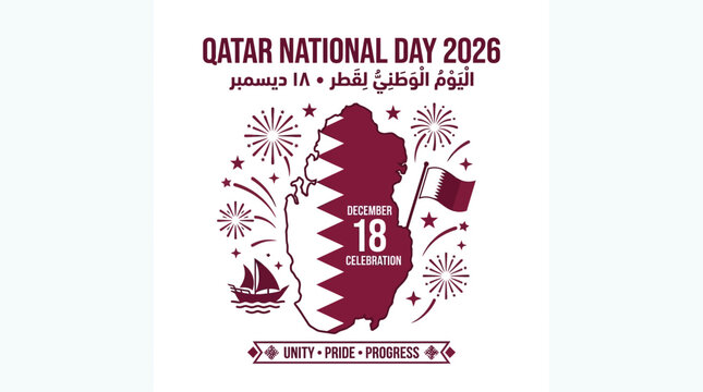 Qatar National Day 2026 celebration features a map of the nation alongside traditional dhow boats and festive fireworks displays.