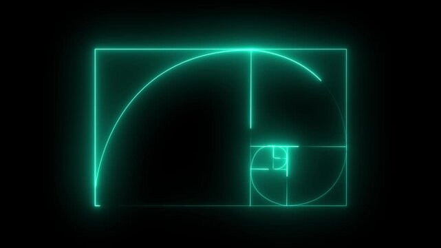 glowing neon Golden Ratio Fibonacci sequence golden number icon on black background. Golden ratio transparent video. neon Fibonacci spiral golden ratio icon. HD motion video.