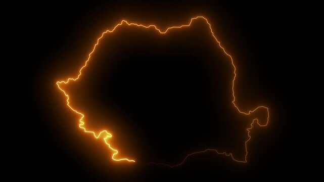neon glowing Romania map silhouette. Animated Romania map icon with a glowing neon effect. Romania glow map illustration.4K video animation.