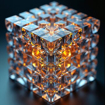 This is a 3D digital illustration of a tesseract or a luxurious glass cube composed of crystal blocks with a mosaic pattern