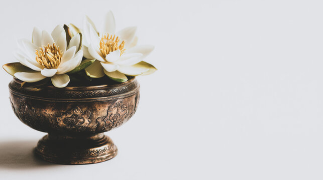 Elegant White Lotus Flowers Arranged in an Ornate Vintage Metal Bowl for Vesak Poya Celebration