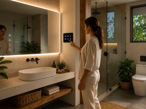 Woman using a smart home control panel in a modern luxury bathroom