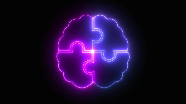 Glowing neon brain puzzle icon isolated on black background representing problem solving and cognitive function. human brain icon and puzzle icon with neon effect. 4k video animation.