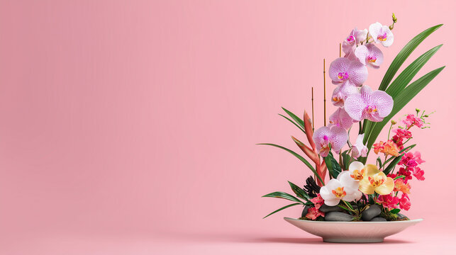 Vesak Poya Celebration Floral Arrangement Featuring Elegant Pink and White Orchids in Minimalist Ceramic Bowl on Soft Pastel Background