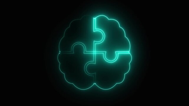 Glowing neon brain puzzle icon isolated on black background representing problem solving and cognitive function. human brain icon and puzzle icon with neon effect. 4k video animation.