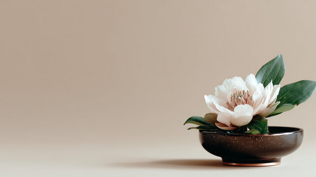 Minimalist White Flower Arrangement in Ceramic Bowl for Vesak Poya Spiritual Reflection and Peaceful Zen Home Interior Decoration