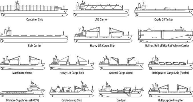 Professional maritime vessel line art set featuring cargo ships tankers and industrial offshore support vessels