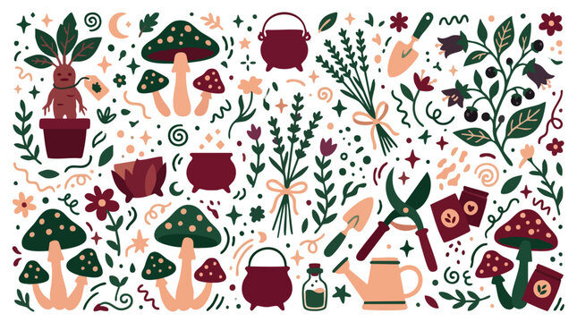 Magical Gardening and Mystical Herbalism Flat Vector Elements