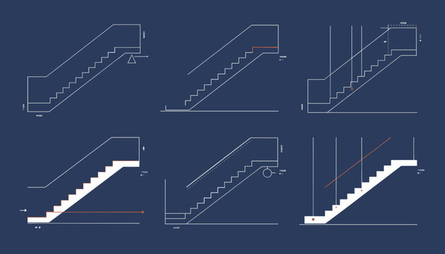 Blueprint diagrams displaying six different escalator and staircase structural design schemes on dark background.