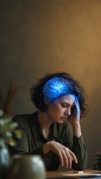 Woman suffering from headache with glowing brain visualization. Mental health concept depicting stress, migraine, or exhaustion. Neurological cognitive activity and wellness awareness.