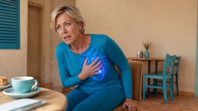 Woman clutching chest experiencing sudden heart attack. Digital overlay of glowing heart anatomy. Medical emergency and cardiovascular health issue concept, senior person in pain.