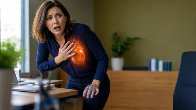 Woman clutching chest experiencing sudden sharp heart pain while working in office. Medical visualization of cardiology symptom. Healthcare concept for emergency cardiovascular disease.