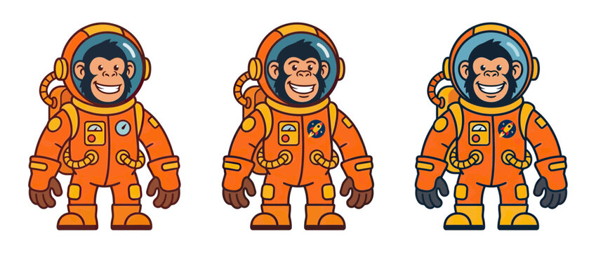 Cartoon Chimpanzee Astronaut Characters in Orange Space Suits