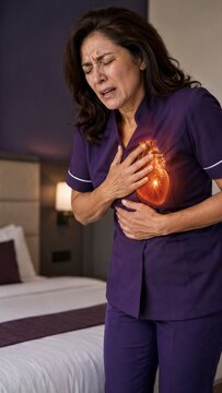Woman having a heart attack with chest pain. Mature woman in uniform suffering from cardiac arrest. Medical emergency and cardiovascular health problem. Healthcare concept and illness.