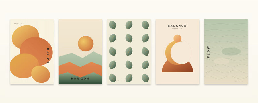 Earth, horizon, balance, flow, a collection of five minimalist posters featuring soft circles, geometric landscapes, and organic leaf shapes