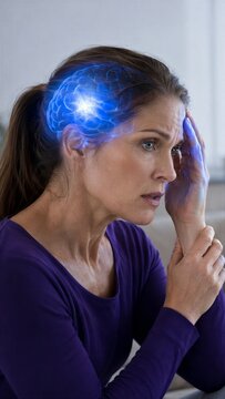 Woman suffering from severe headache with conceptual glowing brain illustration. Tension, migraine and neurological pain. Health problem, medical symptom and mental stress concept for treatment.