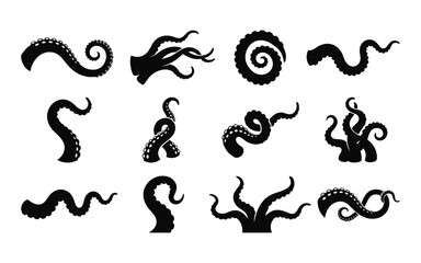 Collection of black octopus tentacles in various shapes graphic silhouette © graphixarrow