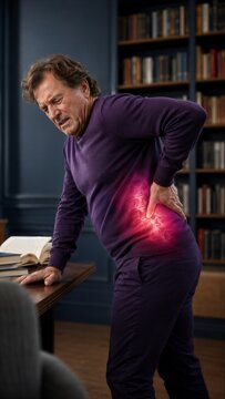 Mature man touching his lower back while suffering from chronic lumbar spine pain. Elderly male student feeling muscle ache during study. Medical concept of spinal injury and healthcare.