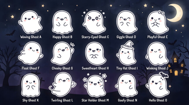 A collection of cute cartoon characters featuring a halloween goast set with various funny expressions and poses for holiday themed graphic design projects
