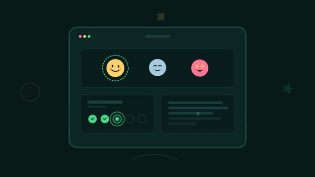 Customer feedback interface with emoji rating icons, user experience survey dashboard, digital satisfaction evaluation form for web design