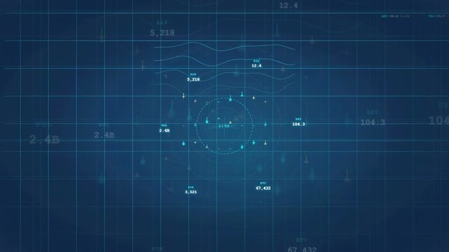 Futuristic digital hud interface with moving data charts and technical analytics on blue background