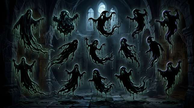 A collection of dark ethereal spirits featuring a spooky halloween goast theme set against a mysterious and ancient gothic castle stone background