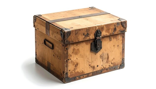 Aged, rectangular wooden box with metal hardware and handle, likely a vintage storage chest, set against a white backdrop