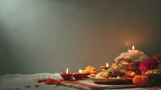 Traditional Vesak Poya Celebration with Glowing Oil Lamps and Flower Offerings for Peaceful Meditation and Spiritual Reflection