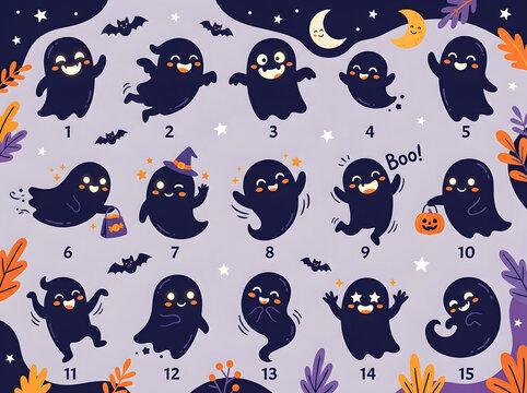 A collection of cute cartoon halloween goast characters featuring various funny poses and expressions for festive holiday party decorations and seasonal graphic designs
