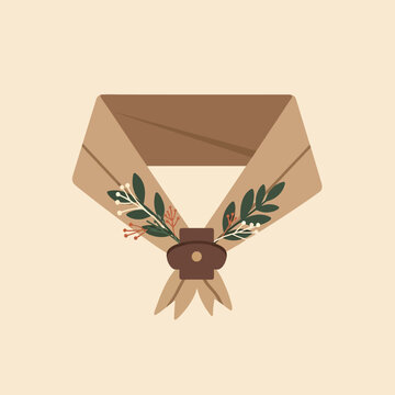 Elegant folded tan scout scarf illustration with a dark brown woggle slide, decorated with green leafy botanical sprigs and berries on a minimalist beige background.